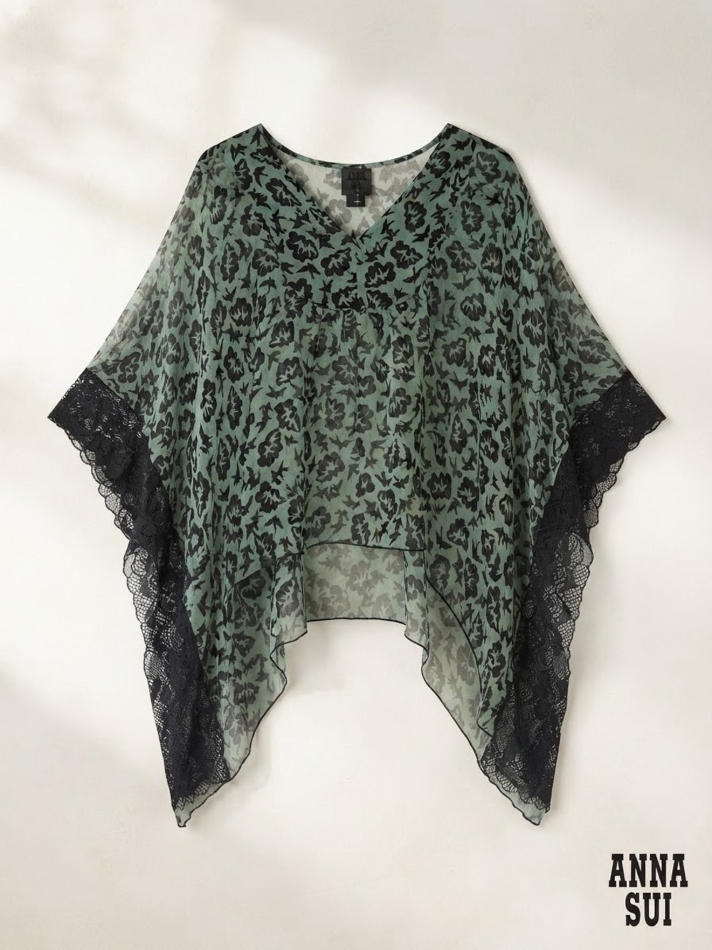 Anna Sui 100% Silk Floral Bird Black Green Lace Trim Designer Poncho Top M